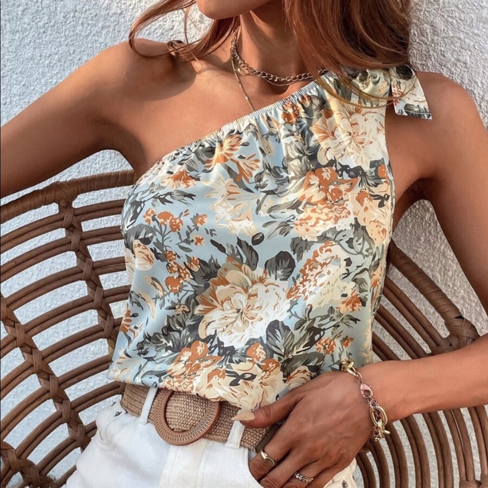 Boho Floral Print One Shoulder Top Blouse - Picture 8 of 15